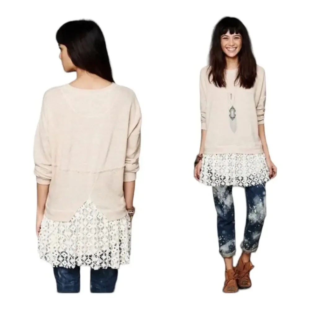 Free People Beach Shake It Oatmeal Lacey Pullover Tunic Top One Size